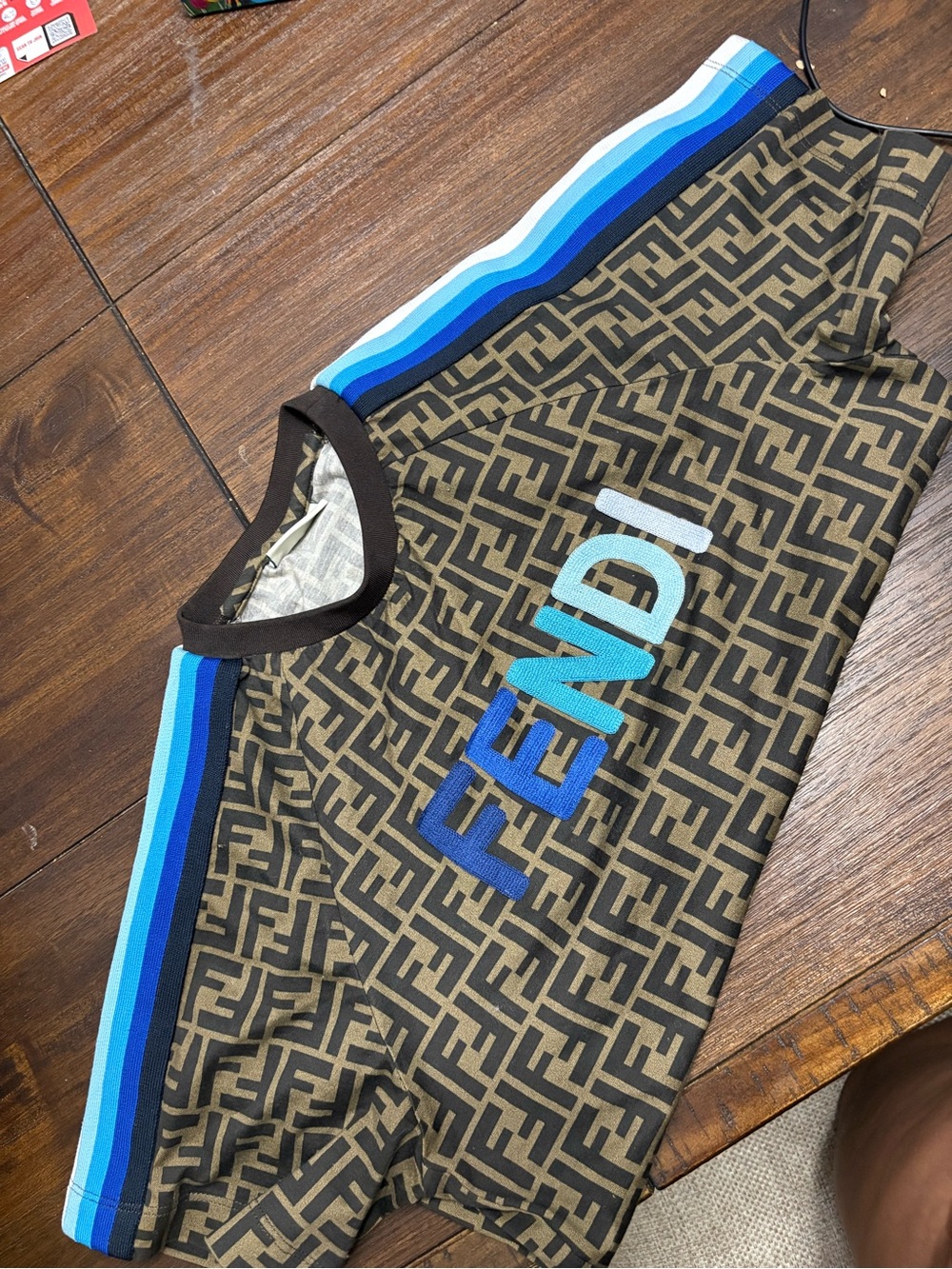 Fendi Brown Monogram Tee with Blue Gradient Shoulder Stripes